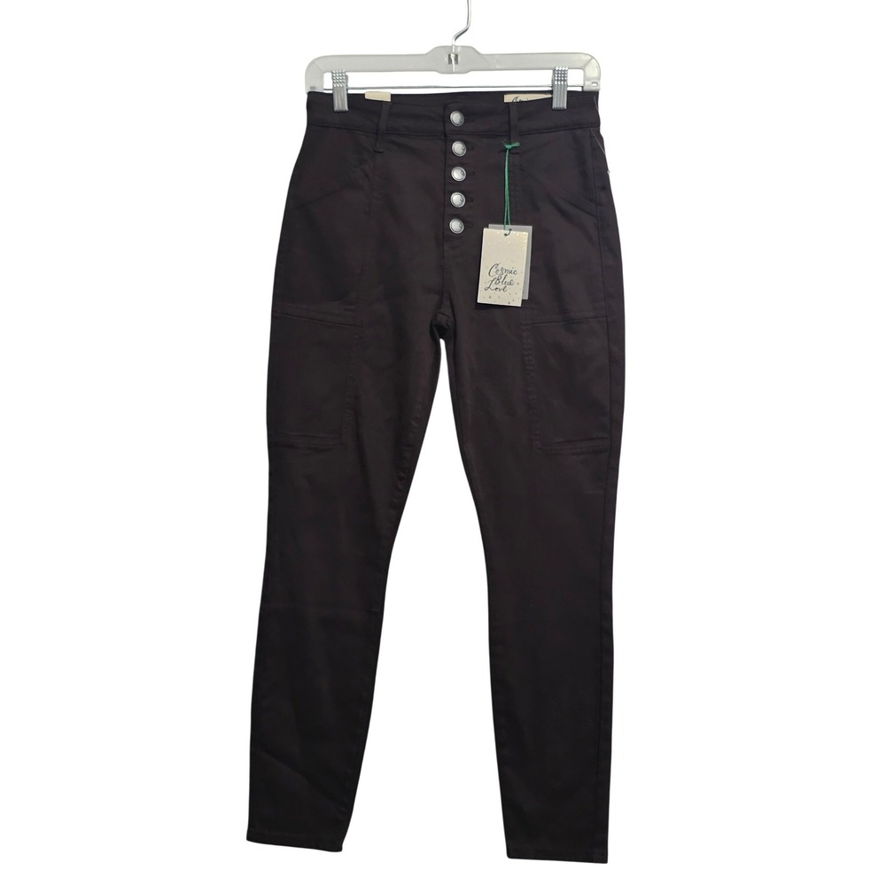 Cosmic Blue Love Womens Brown High Rise Button Fly Skinny Utility Pants Size 27